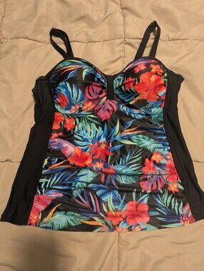 Tropical Floral Swim Top in Black with Multicolor Print
